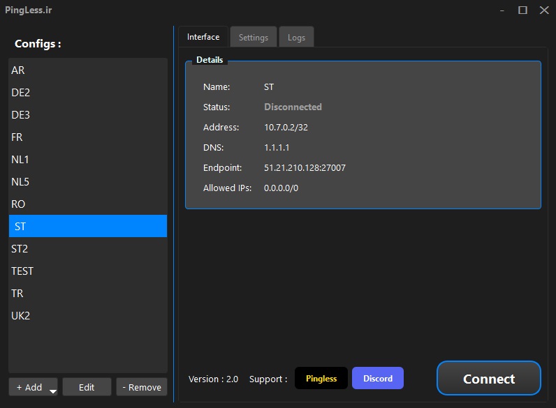 Screenshot of the Pingless app showing the main connect button