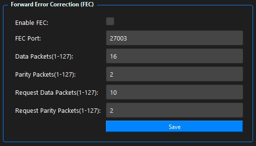 Screenshot of the Pingless FEC settings panel emphasizing the Save button