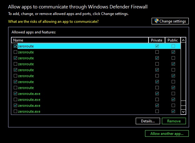 Screenshot showing an example firewall rule allowing an application