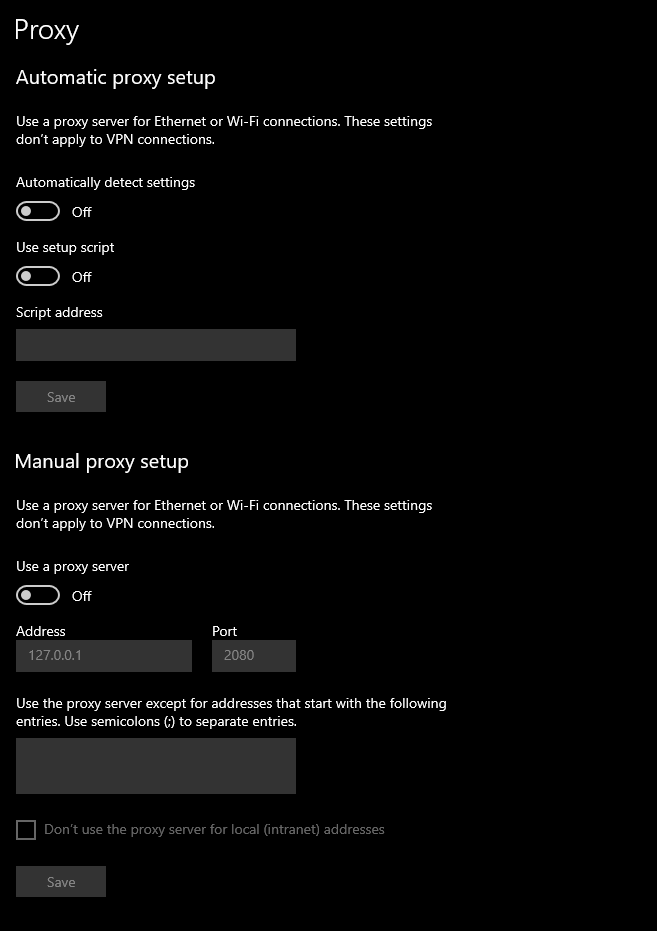 Screenshot showing proxy settings disabled in Windows