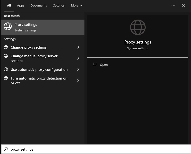 Screenshot showing how to find proxy settings in Windows